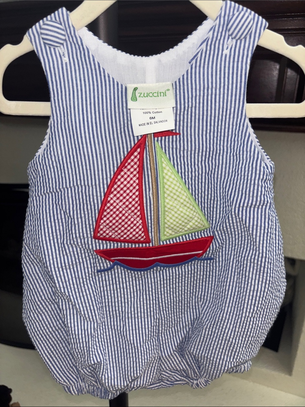 New Blue Stripe Sailboat Baby Bubble Romper